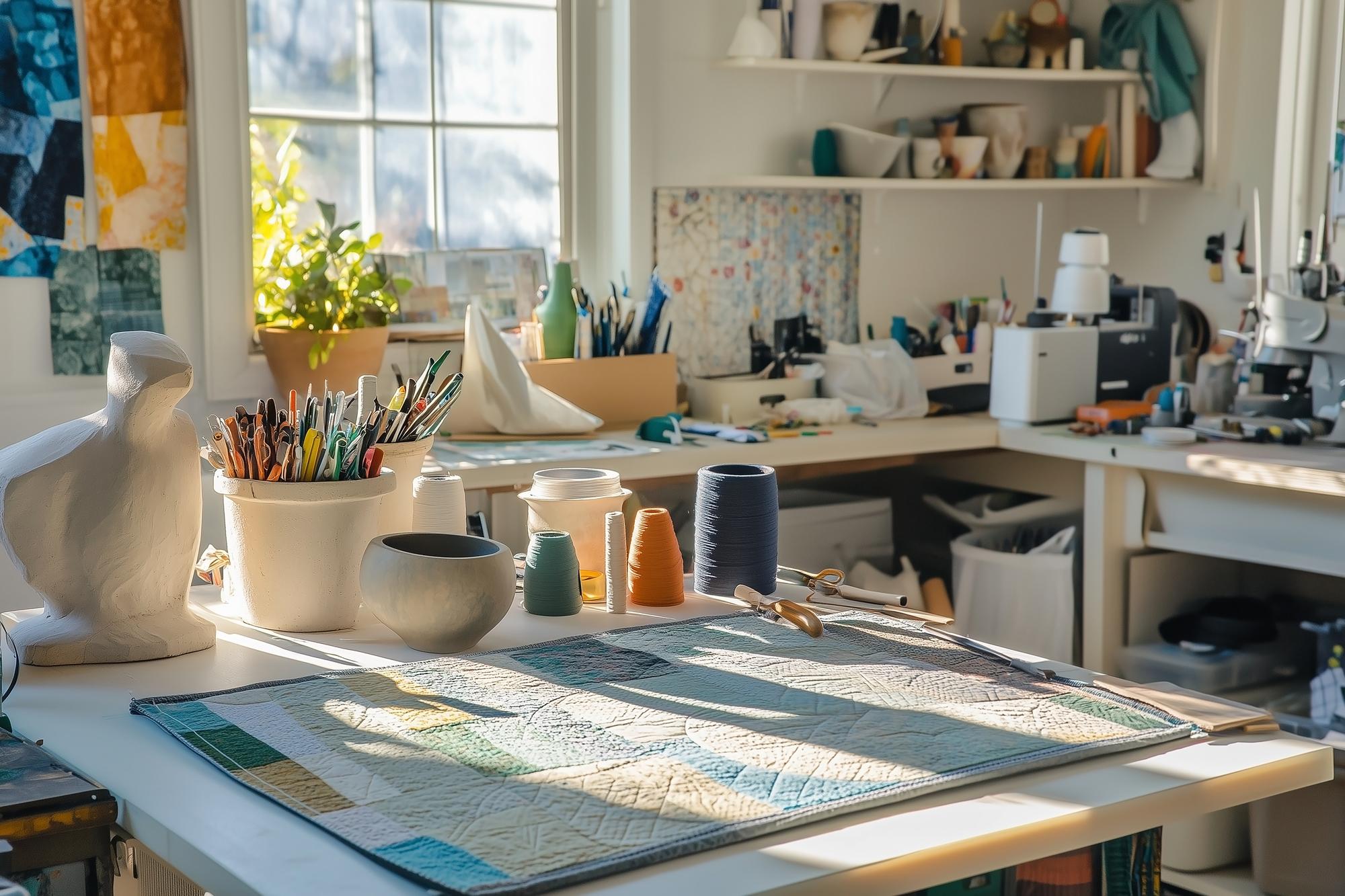 interno atelier con tavolo da lavoro e progetti